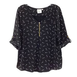 Janet Chung Arrow Print 1/4 Zip Peasant Top Blouse